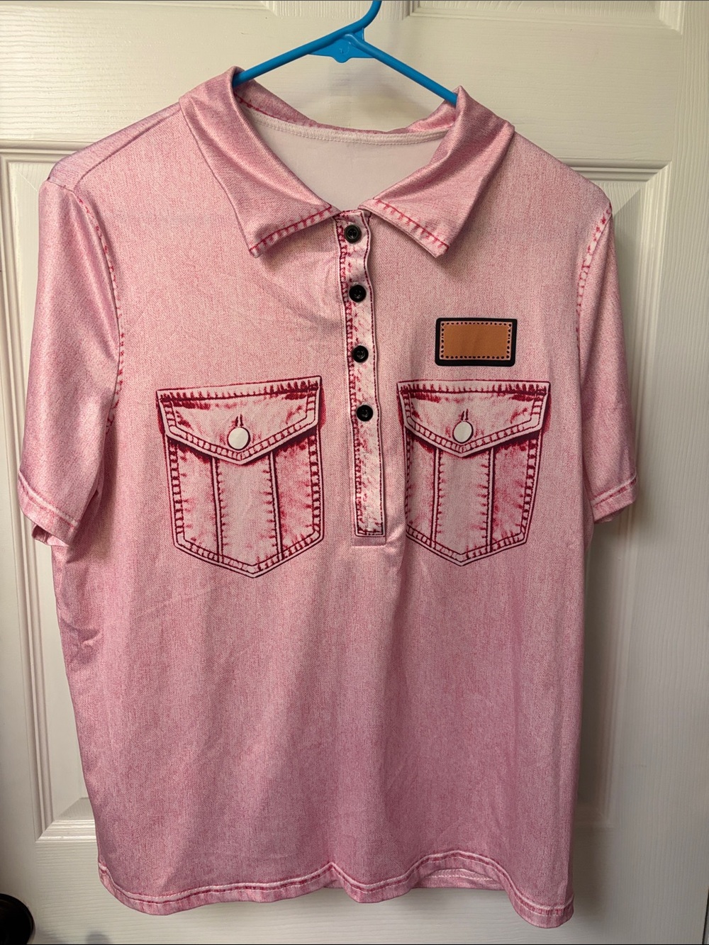 Pink Short-Sleeve Cowboy Polo Shirt with Pocket Print